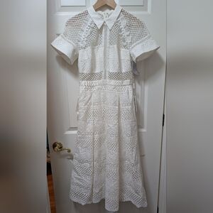 NWT Self- Portrait Raglan Detail Midi Dress White Lace Eyelet Size US 6